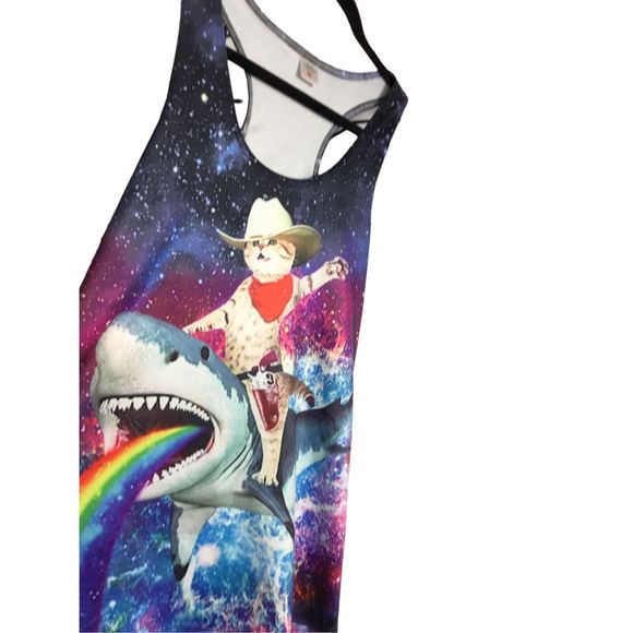 SOLD Cowboy cat riding a shark Racerback Tank - Picture 2 of 5